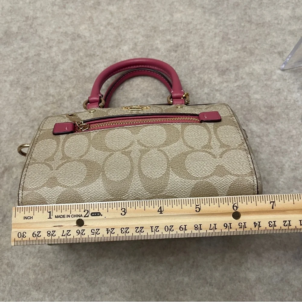 Coach Mini Rowan Signature Tan Canvas Pink Rogue Leather Trim Crossbody Bag